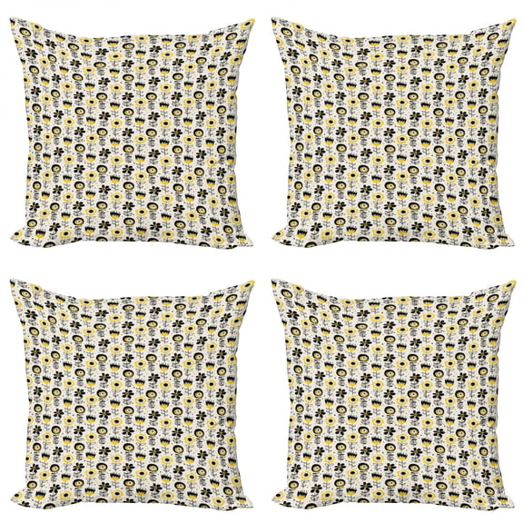 Ambesonne Abstract Throw Pillow Cover 4 Pack, Surreal Design Flowers, 24", Champagne Yellow