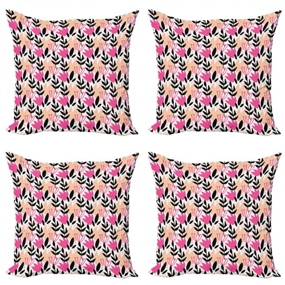 Abstract Throw Pillow Cushion Case Pack of 4, Creative Nature Inspired Pattern with Botanical Motifs, Modern Accent Double-Sided Print, 4 Sizes, Charcoal Grey Pink, by Ambesonne