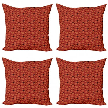 Abstract Throw Pillow Cushion Case Pack of 4, Doodle Simplistic Dandelion Flowers Abstract Nature Growth Pattern, Modern Accent Double-Sided Print, 4 Sizes, Vermilion Orange Black, by Ambesonne
