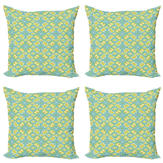 Abstract Throw Pillow Cushion Case Pack of 4, Flourish Damask with Butterfly-like Motif Continuous Pattern, Modern Accent Double-Sided Print, 4 Sizes, Seafoam Yellow Green, by Ambesonne