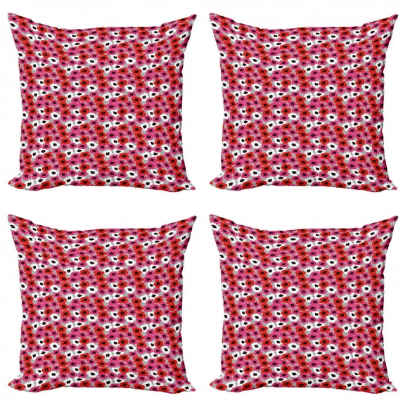 Abstract Throw Pillow Cushion Case Pack of 4, Flower Look Motif Repetitive Colorful Pattern, Modern Accent Double-Sided Print, 4 Sizes, Pale Taupe Hot Pink, by Ambesonne
