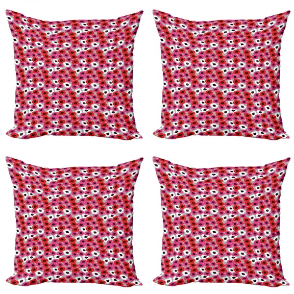 Abstract Throw Pillow Cushion Case Pack of 4, Flower Look Motif Repetitive Colorful Pattern, Modern Accent Double-Sided Print, 4 Sizes, Pale Taupe Hot Pink, by Ambesonne