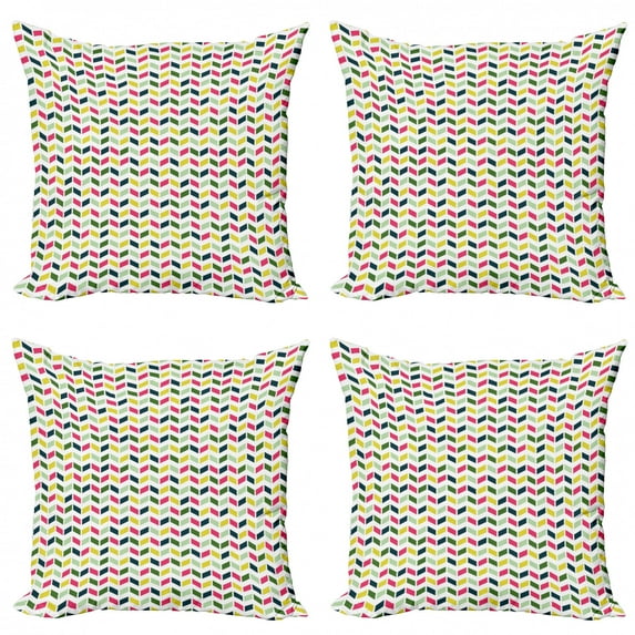 Abstract Throw Pillow Cushion Case Pack of 4, Geometric Inspired Motif Colorful Zigzags, Modern Accent Double-Sided Print, 4 Sizes, White Multicolor, by Ambesonne