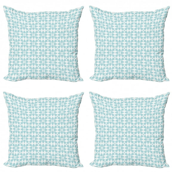 Abstract Throw Pillow Cushion Case Pack of 4, Geometric Trippy Forms with Circle Effects Fractal Soft Toned Modern Design, Modern Accent Double-Sided Print, 4 Sizes, Pale Blue White, by Ambesonne