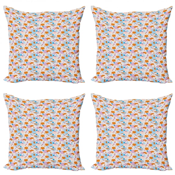 Abstract Throw Pillow Cushion Case Pack of 4, Modern Fun Graphic with Petals and Colorful Geometric Shapes Print, Modern Accent Double-Sided Print, 4 Sizes, Pale Taupe Multicolor, by Ambesonne