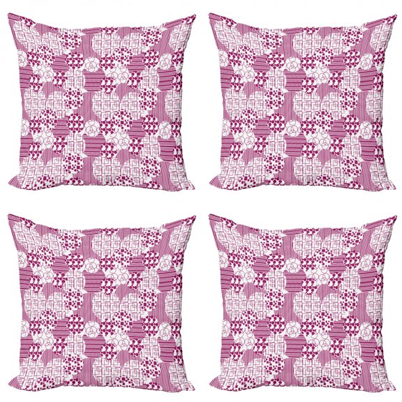 Abstract Throw Pillow Cushion Case Pack of 4, Monochrome Circles Squares Stripes Geometrical Motifs Illustration, Modern Accent Double-Sided Print, 4 Sizes, Dark Magenta and White, by Ambesonne