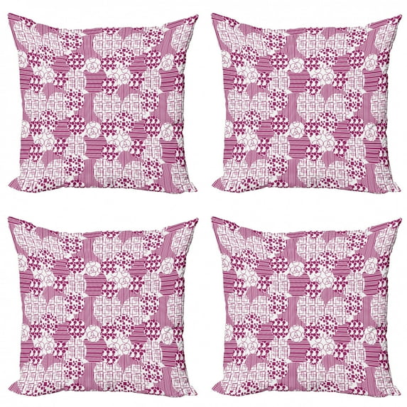 Abstract Throw Pillow Cushion Case Pack of 4, Monochrome Circles Squares Stripes Geometrical Motifs Illustration, Modern Accent Double-Sided Print, 4 Sizes, Dark Magenta and White, by Ambesonne