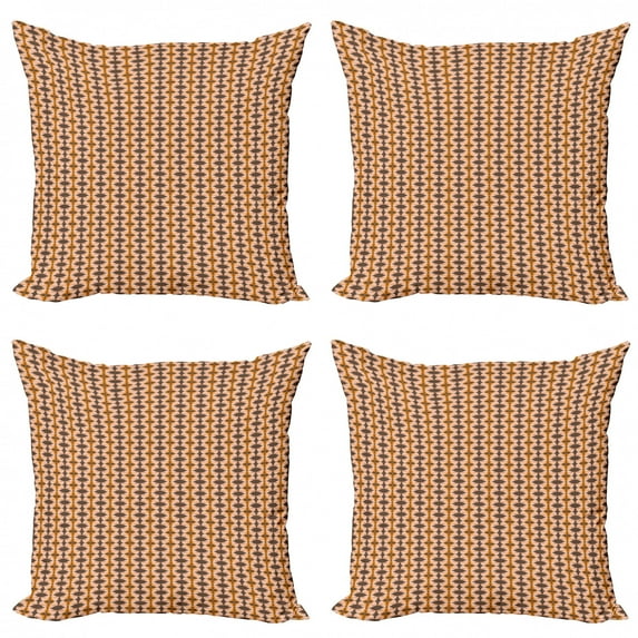Abstract Throw Pillow Cushion Case Pack of 4, Nostalgic Inspired Retro Themed Pattern with Botany Elements, Modern Accent Double-Sided Print, 4 Sizes, Umber Dark Orange, by Ambesonne