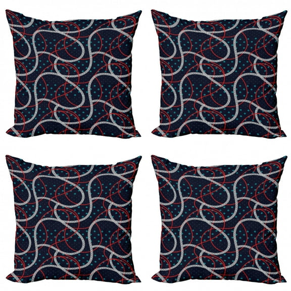Abstract Throw Pillow Cushion Case Pack of 4, Polka Dots Ropes Nautical Theme Motifs on Dark Tone Backdrop, Modern Accent Double-Sided Print, 4 Sizes, Night Blue Vermilion, by Ambesonne