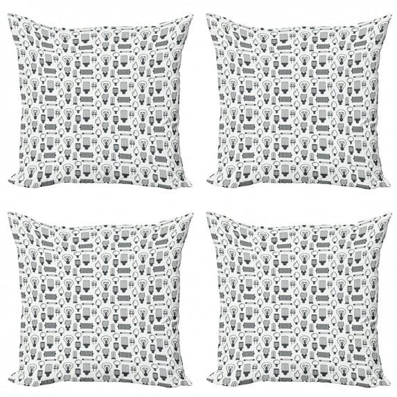 Abstract Throw Pillow Cushion Case Pack of 4, Repetition of Various Lamp Types Fluorescent Filament Halogen Diode, Modern Accent Double-Sided Print, 4 Sizes, Dark Blue Grey and White, by Ambesonne
