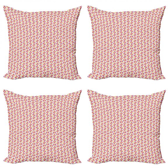 Abstract Throw Pillow Cushion Case Pack of 4, Repetitive Colorful Flowers Origami Illustration on Pastel Background, Modern Accent Double-Sided Print, 4 Sizes, Ivory and Multicolor, by Ambesonne