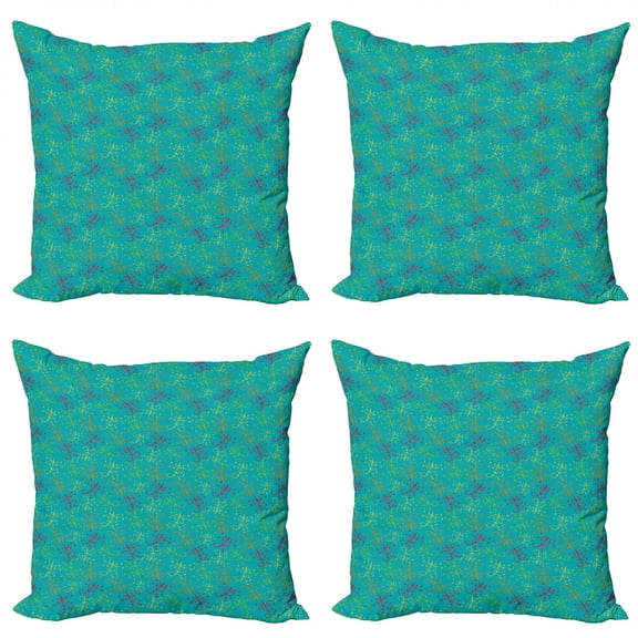 Abstract Throw Pillow Cushion Case Pack of 4, Repetitive Colorful Swirling Branches with Leaves Graphic, Modern Accent Double-Sided Print, 4 Sizes, Dark Seafoam Multicolor, by Ambesonne