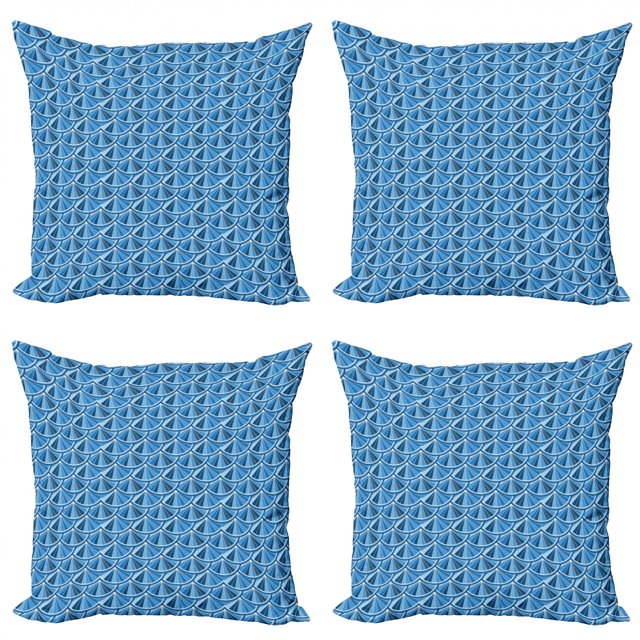 Abstract Throw Pillow Cushion Case Pack of 4, Repetitive Modern Circles Aquatic Tones Classic Design Illustration, Modern Accent Double-Sided Print, 4 Sizes, Dark Sky Blue and White, by Ambesonne