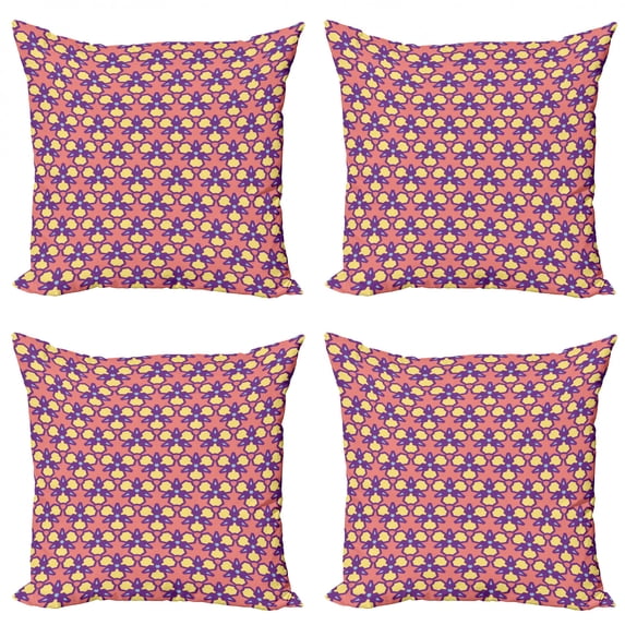 Abstract Throw Pillow Cushion Case Pack of 4, Retro Triangles Motifs in Pastel Tones Rhythmic Print, Modern Accent Double-Sided Print, 4 Sizes, Coral Pastel Yellow, by Ambesonne