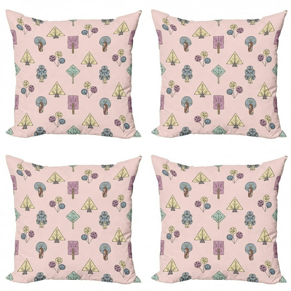 Abstract Throw Pillow Cushion Case Pack of 4, Soft Pastel Colored Cartoon Inspired Design of Fictional Doodled Tree, Modern Accent Double-Sided Print, 4 Sizes, Multicolor, by Ambesonne