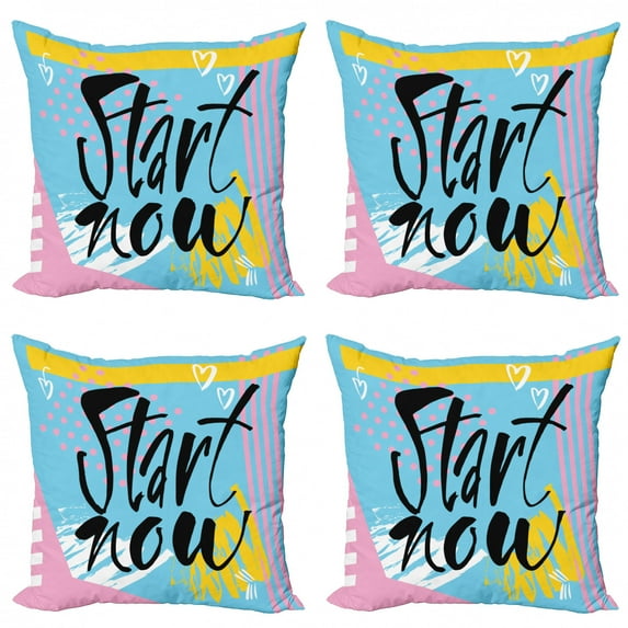 Abstract Throw Pillow Cushion Case Pack of 4, Start Now Message in Modern Style Hippie Motivational Pastel Positive Life Theme, Modern Accent Double-Sided Print, 4 Sizes, Multicolor, by Ambesonne