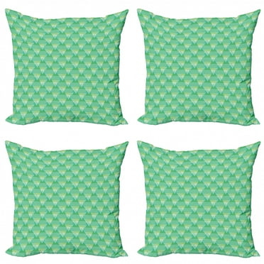 Abstract Throw Pillow Cushion Case Pack of 4, Striped Triangles 70's Style Inspired Hipster Sportswear Geometric Motifs, Modern Accent Double-Sided Print, 4 Sizes, Sea Green and White, by Ambesonne