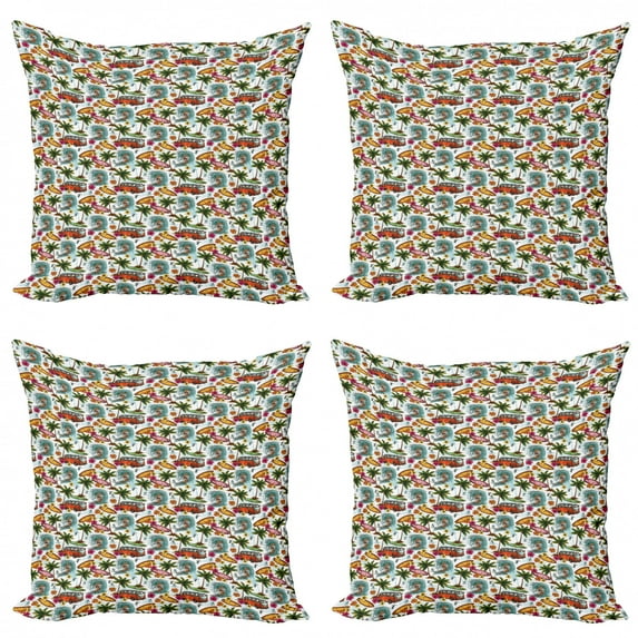 Abstract Throw Pillow Cushion Case Pack of 4, Surf Themed Vibrant Image Vintage Van and Flower Arrangement Seagulls Action Hobby, Modern Accent Double-Sided Print, 4 Sizes, Multicolor, by Ambesonne