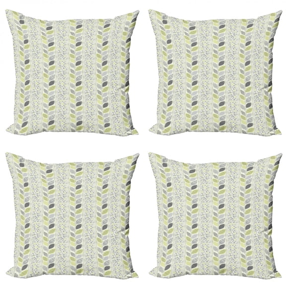 Ambesonne Abstract Throw Pillow Cover 4 Pack, Stripes Sketched Leaves, 18", Green Grey