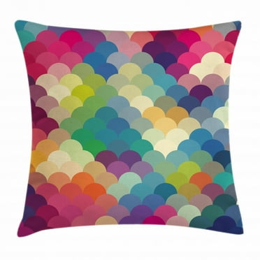 Abstract Throw Pillow Cushion Cover, Colorful Retro Style Scales Inspired Wave Pattern Overlapping Circles Dots Tile, Decorative Square Accent Pillow Case, 18 X 18 Inches, Multicolor, by Ambesonne