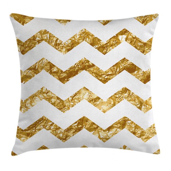 Abstract Throw Pillow Cushion Cover, Horizontal Zigzag Pattern Chevron Minimalist Background Simplistic Modern Design, Decorative Square Accent Pillow Case, 16 X 16 Inches, Gold White, by Ambesonne