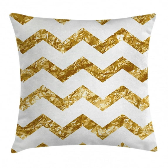 Abstract Throw Pillow Cushion Cover, Horizontal Zigzag Pattern Chevron Minimalist Background Simplistic Modern Design, Decorative Square Accent Pillow Case, 18 X 18 Inches, Gold White, by Ambesonne
