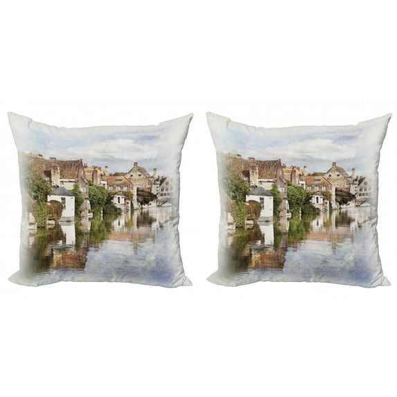 Ambesonne Rustic Throw Pillow Cover 2 Pack, Brugge Canal View, 24", Multicolor