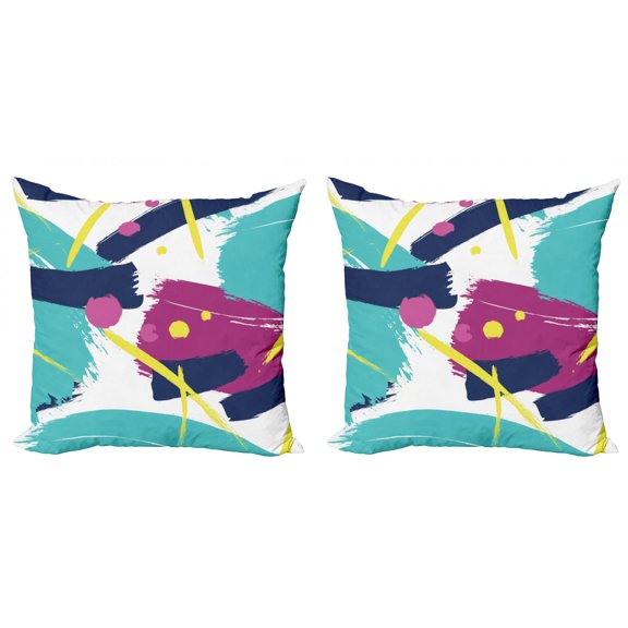 Abstract Throw Pillow Cushion Cover Pack of 2, Brush Strokes Pattern with Stripes and Dots Hand Drawn Contemporary Style Design, Zippered Double-Side Digital Print, 4 Sizes, Multicolor, by Ambesonne