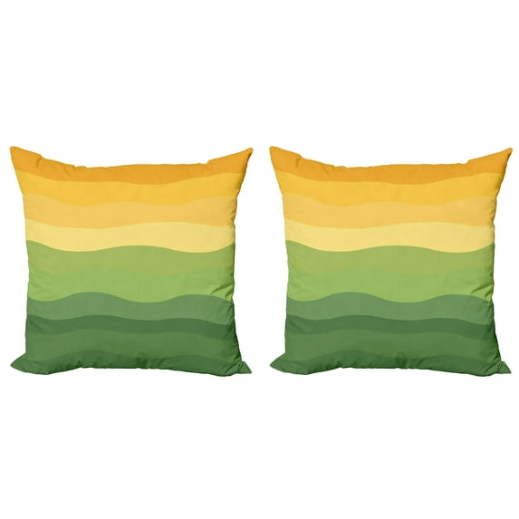 Ambesonne Abstract Throw Pillow Cover 2 Pack, Wavy Lines Waves Earth, 18", Reseda Green Mustard