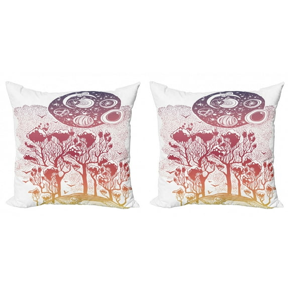 Abstract Throw Pillow Cushion Cover Pack of 2, Landscape of Forest and Dreamy Night Sky Colorful Outline Design, Zippered Double-Side Digital Print, 4 Sizes, Multicolor, by Ambesonne