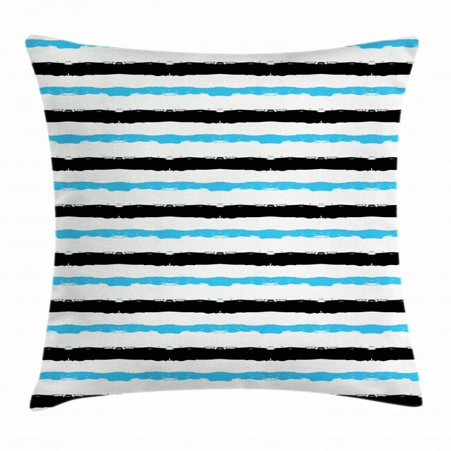 Abstract Throw Pillow Cushion Cover, Paintbrush Large Color Bands Simplistic Horizontal Lines Stripes Artistic, Decorative Square Accent Pillow Case, 18 X 18 Inches, Aqua Black White, by Ambesonne