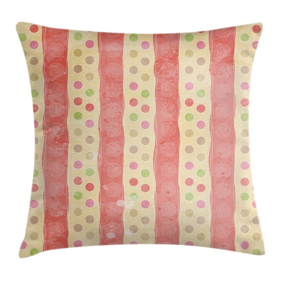 Abstract Throw Pillow Cushion Cover, Retro Stripes and Dots in Watercolor Featured Effects Nostalgic Pattern, Decorative Square Accent Pillow Case, 16 X 16 Inches, Light Yellow Coral, by Ambesonne