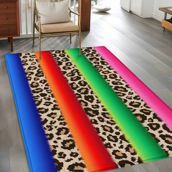 Rectangle Area Rug 3x5ft,Mexican Colorful Stripes Animal Skin Textrue Washable Carpet Non-Slip Runner Accent Rugs Indoor Floor Mat for Bedroom Living Room Decor,Leopard Print