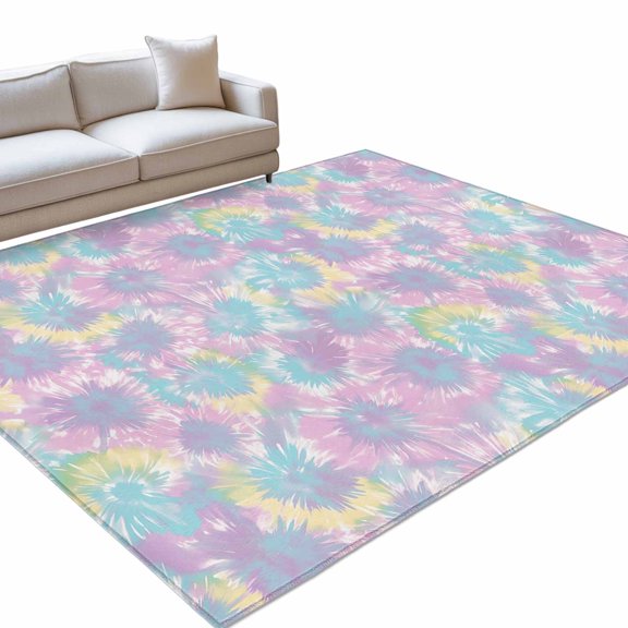 Abstract Tie Dye Art Area Rug, Pink Teal Green Yellow Gradient Print Non-Slip Felt Rubber Backing Rectangle Indoor Carpet Washable Rugs for Living Room Bedroom 4x6ft