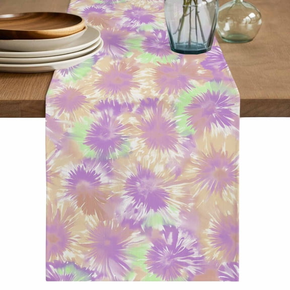 Abstract Tie Dye Art Table Runner, Purple Green Orange Gradient Print Cotton Linen Kitchen Table Decoration Washable Dining Tabletop Runners for Home Party Decor 13x36 Inches