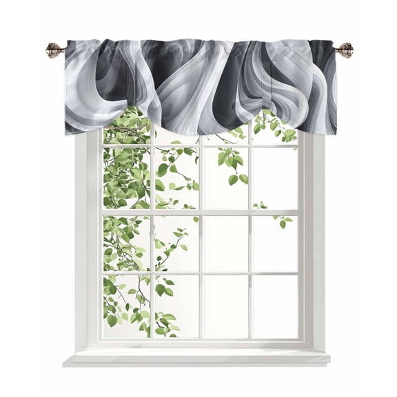 Abstract Tie Up Valances Curtain, Gray and White Wave Lines Liquid Texture Modern Kitchen Valances for Windows Decor, Rod Pocket Short Curtains Set for Bedroom/Bathroom, 42"x18"