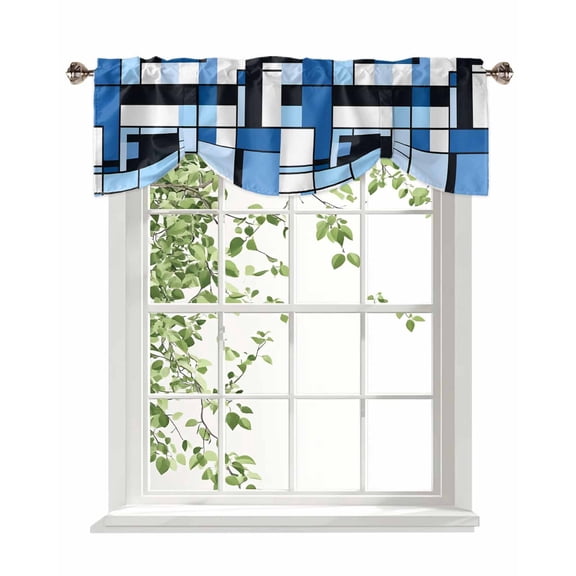 Abstract Tie Up Valances Curtain, Medieval Blue Black Geometrical Kitchen Valances for Windows Decor, Rod Pocket Short Curtains Set for Bedroom/Bathroom, 42"x18"