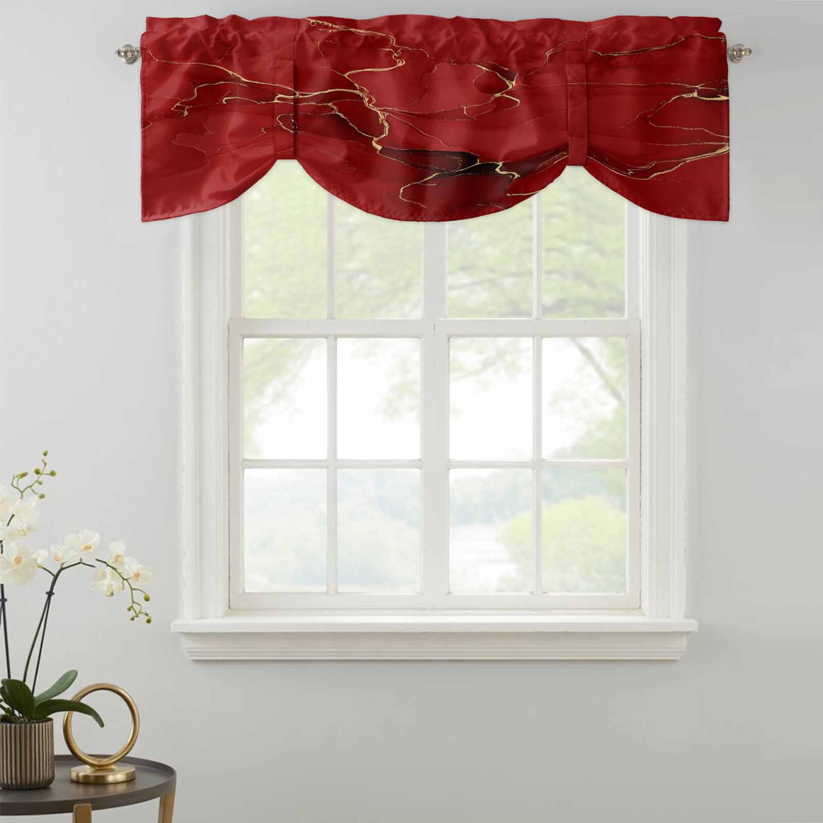 Abstract Tie Up Valances Curtain, Red Golden Marble Fluid Lines ...