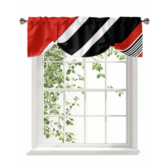 Abstract Tie Up Valances Curtain, Red White Black Diagonally Striped Kitchen Valances for Windows Decor, Rod Pocket Short Curtains Set for Bedroom/Bathroom, 42"x18"
