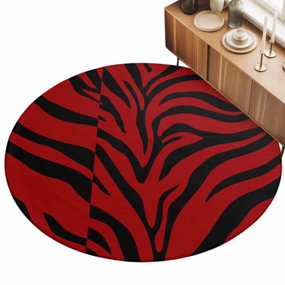Abstract Tiger Print 5ft Non Slip Round Area Rug Red Black Animal Fur ...