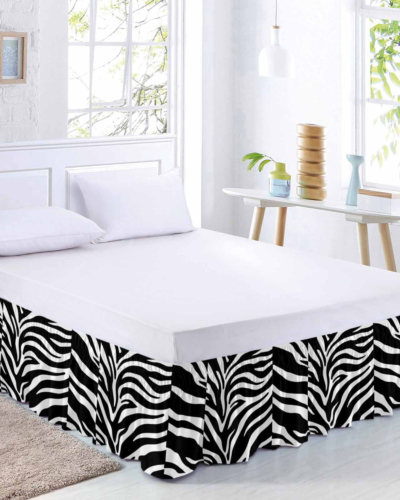 Abstract Tiger Print Bed Skirt Queen Size 18 Inch Drop, Black White Animal Fur Texture Modern Art Adjustable Elastic Dust Ruffles Bedskirt for Queen Bed Wrap Around Pleated Mattress Frame Cover
