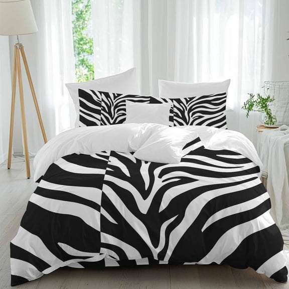 Abstract Tiger Print Comforter Set Twin Size, Black White Animal Fur Texture Modern Art Soft Bedding Set for Man Woman, 4 Pieces Duvet Cover Set with Fitted Sheet, 2 Pillowcases