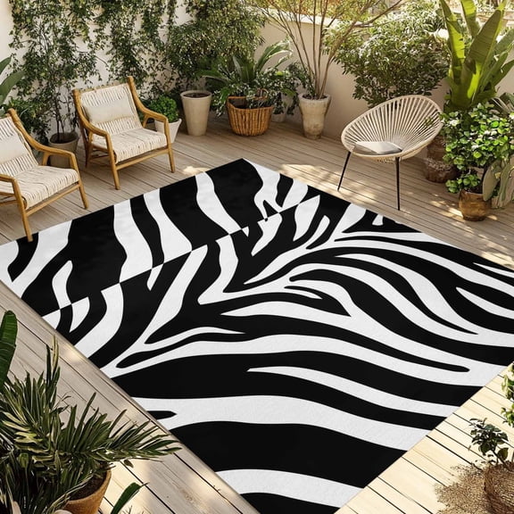 Abstract Tiger Print Outdoor Rug, Black White Animal Fur Texture Modern Art Non-Slip Area Rugs Carpet Breathable Large Floor Mat for Outdoors Patio Porch Deck Beach 3’ x 5’