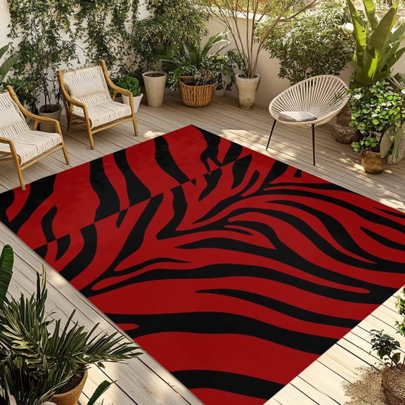 Abstract Tiger Print Outdoor Rug, Red Black Animal Fur Texture Modern Art Non-Slip Area Rugs Carpet Breathable Large Floor Mat for Outdoors Patio Porch Deck Beach 3’ x 5’