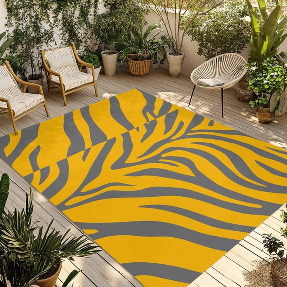 Abstract Tiger Print Outdoor Rug, Yellow Grey Animal Fur Texture Modern Art Non-Slip Area Rugs Carpet Breathable Large Floor Mat for Outdoors Patio Porch Deck Beach 3’ x 5’