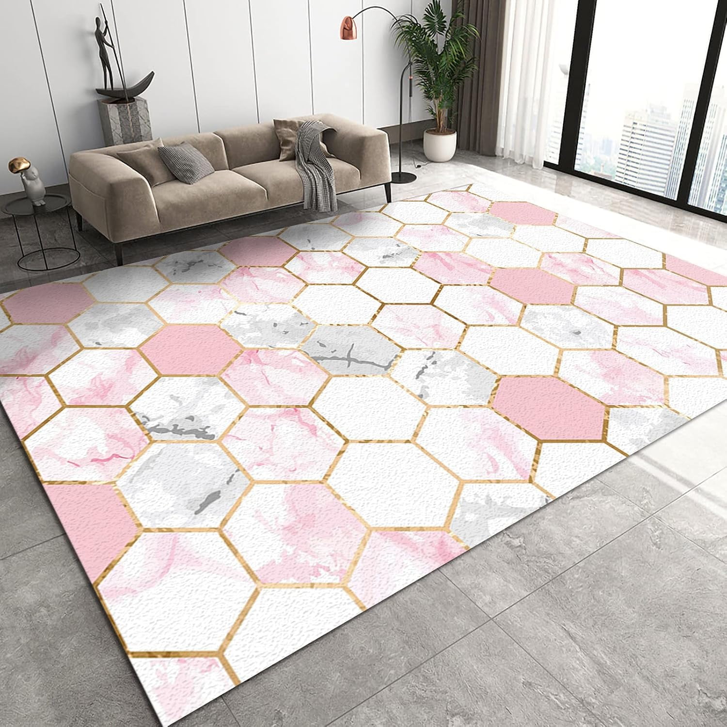 Abstract Tile Marble Area Rugs, Gold Plated Lines Hexagonal Geometric ...