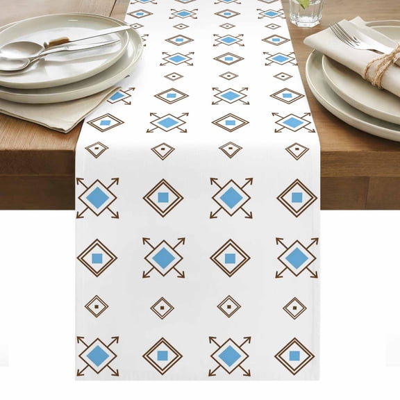 Abstract Tile Motifs Table Runner Light Blue Gray Minimalist Dotted Grid Tablerunners 13 x 36 Inch, Table Decorations Tabletop Scarf for Summer Gathering Holiday Farmhouse Kitchen Dining Decor