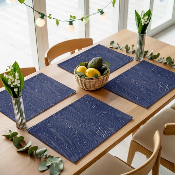 Abstract Topographic Lines Grid Placemats Set of 4,Wipeable Washable Table Mats for Dining Tables, Geometric Art on Dark Blue Place Mats for Kitchen Event Party Tabletop Decor
