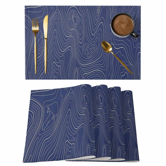 Abstract Topographic Lines Grid Placemats Set of 6,Wipeable Washable Table Mats for Dining Tables, Geometric Art on Dark Blue Place Mats for Kitchen Event Party Tabletop Decor