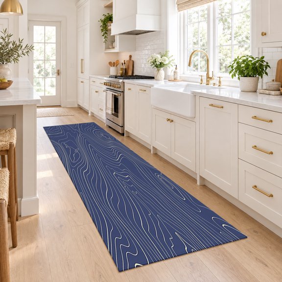 Abstract Topographic Lines Grid Runner Rug for Kitchen Bedroom Hallway Rug 2x6ft, Geometric Art on Dark Blue Soft Non-Slip Runner Rugs,Anti-Fatigue Washable Rugs Floor Mat for Entryway